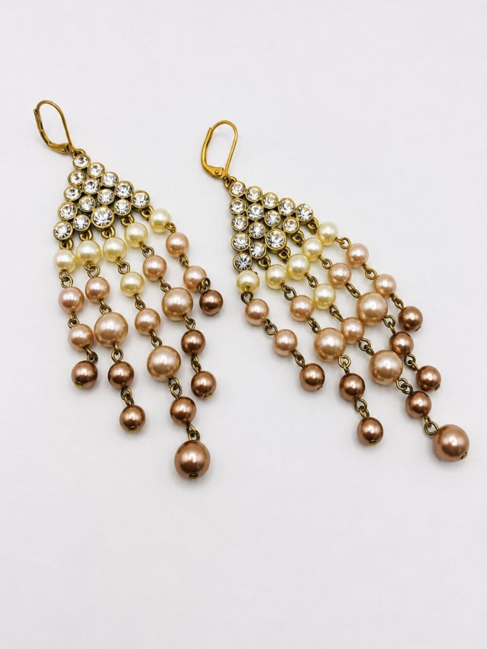 Vintage Givenchy Rhinestone & Faux Pearl Chandelier Earrings Gold Tone Statement - Picture 3 of 5